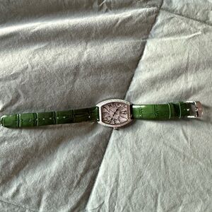 Green Leather Strap Crystal Watch